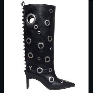 Yello Tokyo - Edgy Goth Black Eyelet Heeled Boots Grommet Heeled sz 9,5